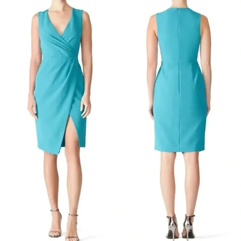 BLACK HALO Nora Dress Turquoise Blue Sheath Faux Wrap Sleeveless Party Size 0